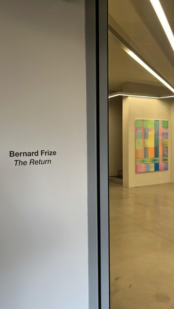 Bernard Frize exhibition sign and interior artwork viewed through Johyun Gallery entrance