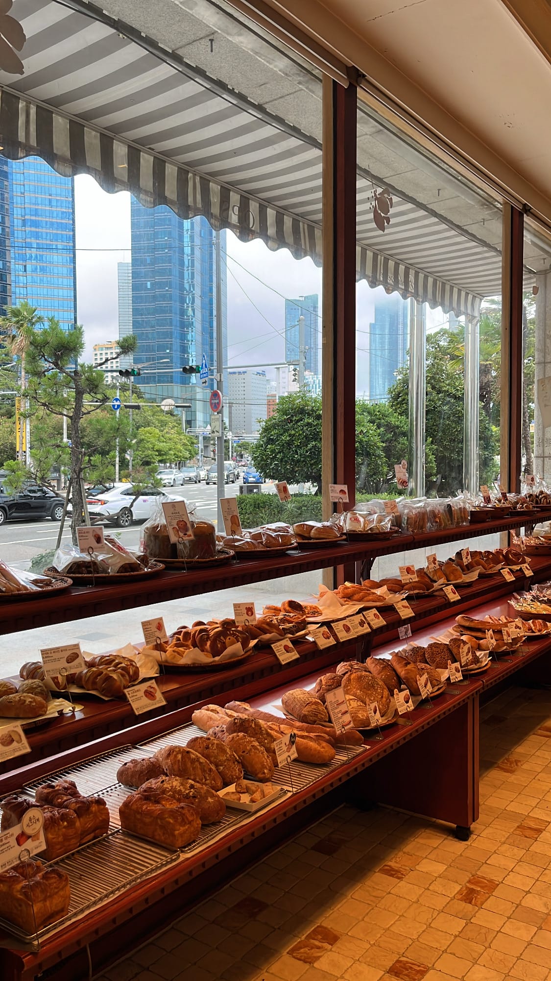 Freshly baked breads displayed along the window at OPS Bakery Busan