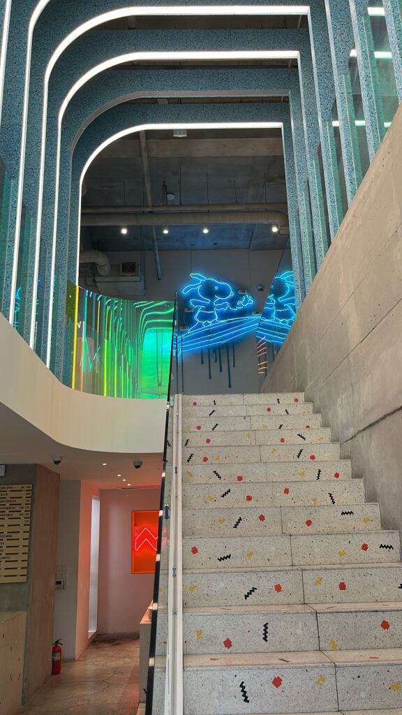 Ordering counter and stairs leading to the second floor at Snoopy Place Busan