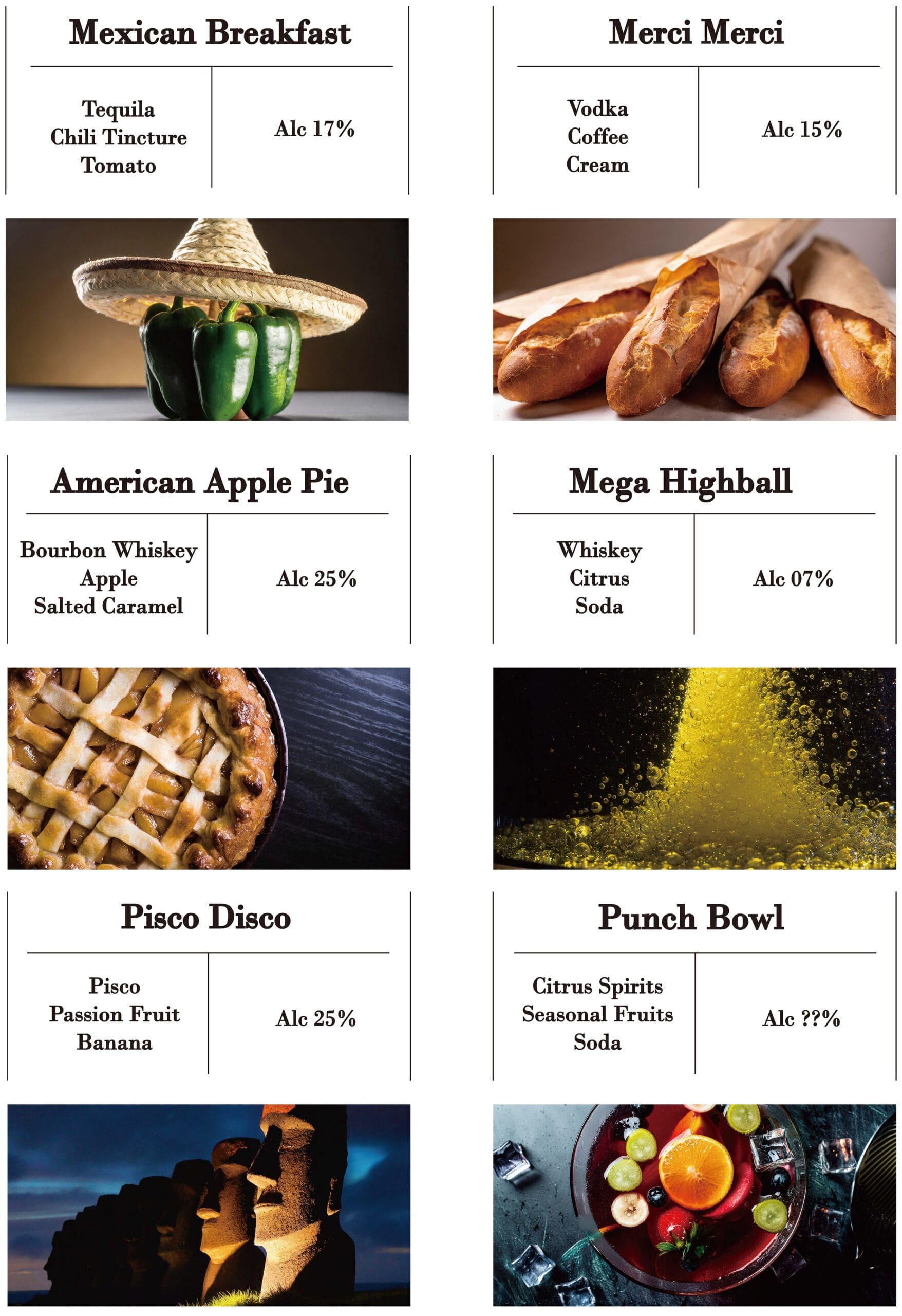 Creative signature cocktail list including Mexican Breakfast and American Apple Pie