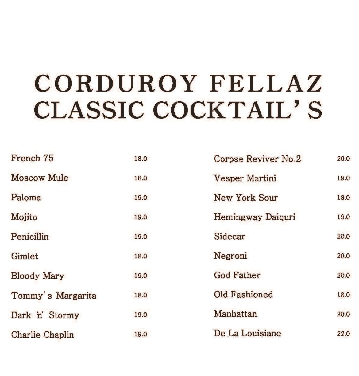 Refined classic cocktails menu list at Busan cocktail bar Corduroy Fellaz