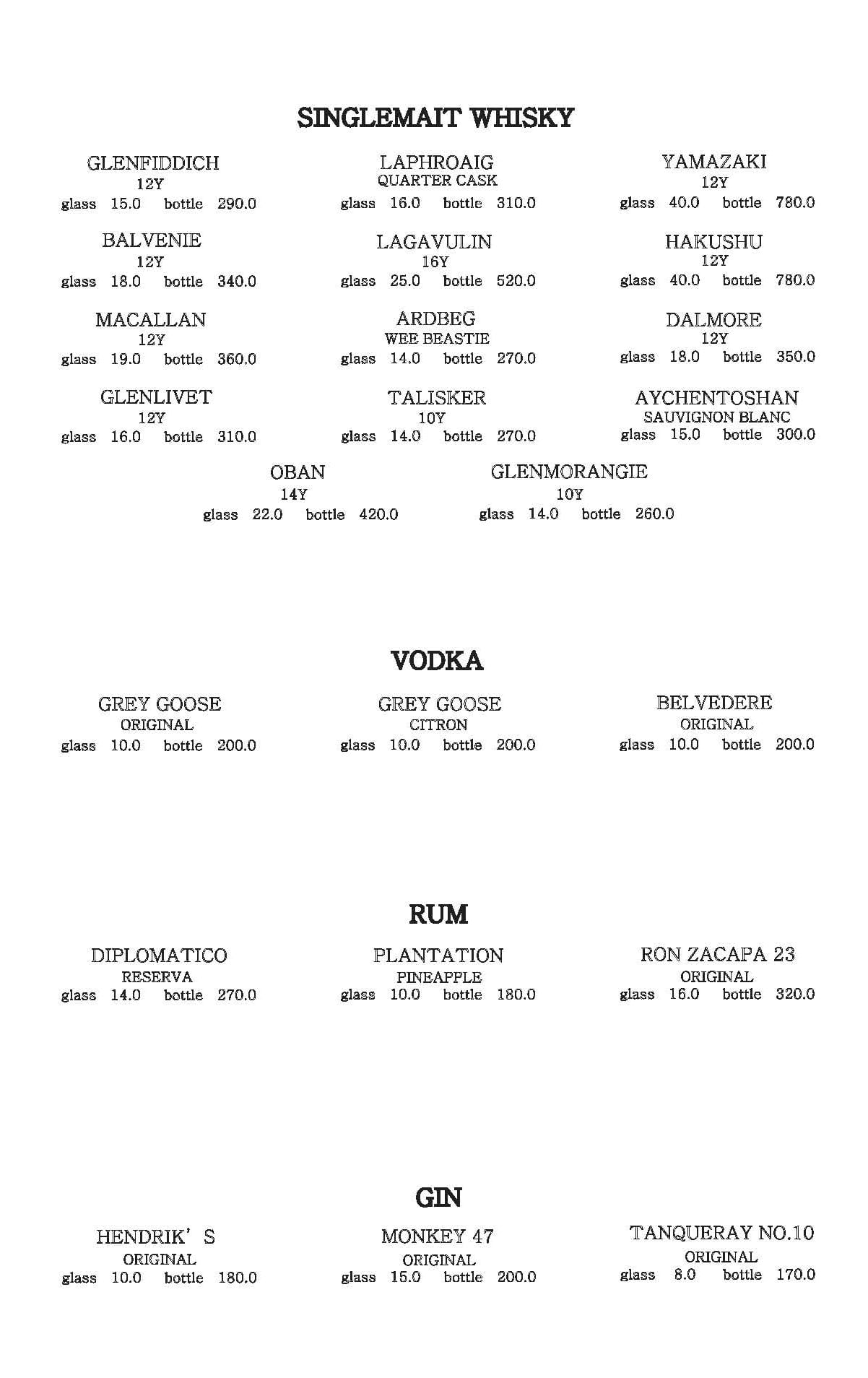 Single malt whisky and spirits menu list at Corduroy Fellaz