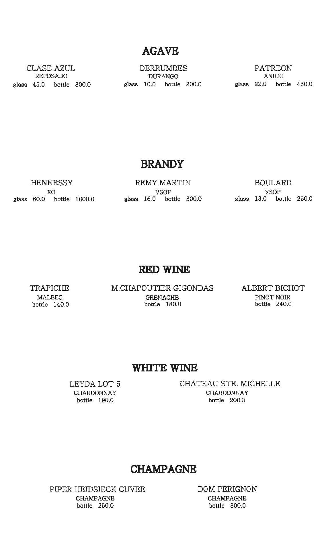 Agave, brandy, wine, and champagne selection at Corduroy Fellaz