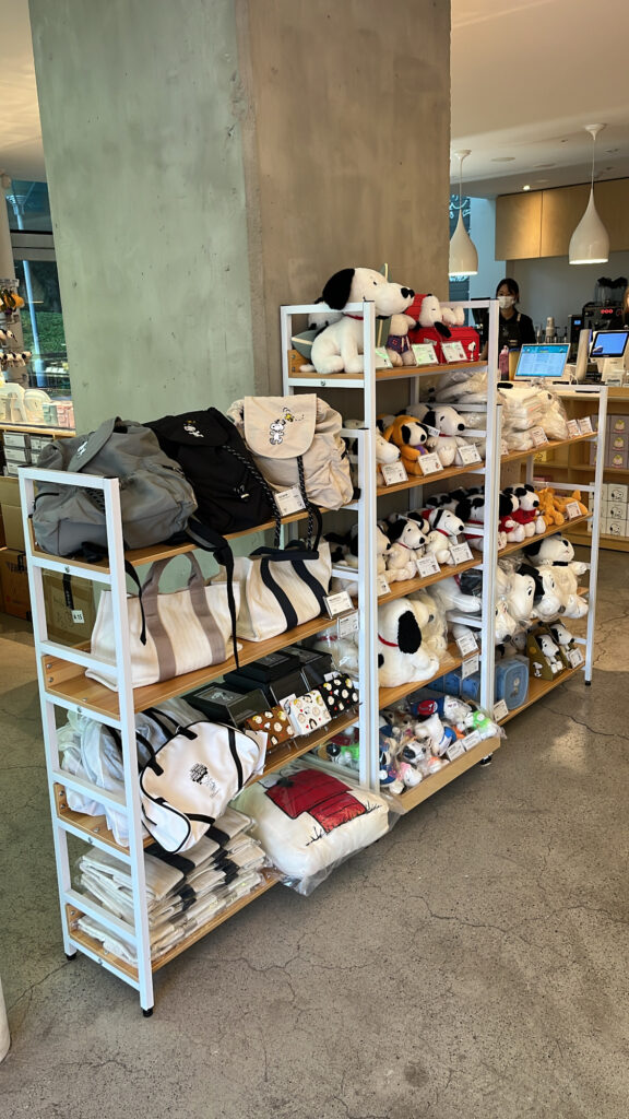 Exclusive Snoopy souvenirs and merchandise shelf at Snoopy Place Busan
