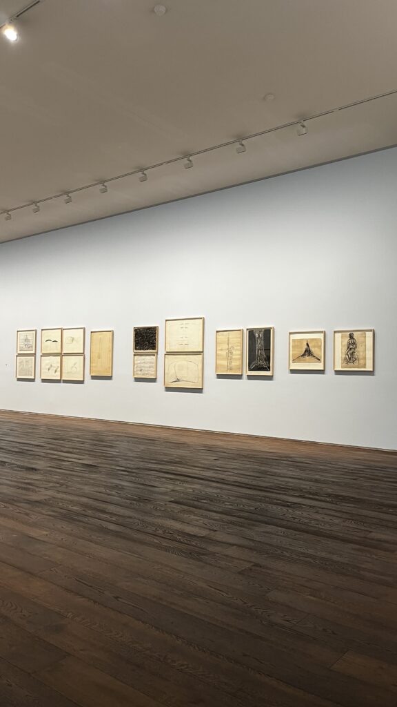 Wide view of drawing art exhibition hall with wooden floor at Johyun Gallery Busan