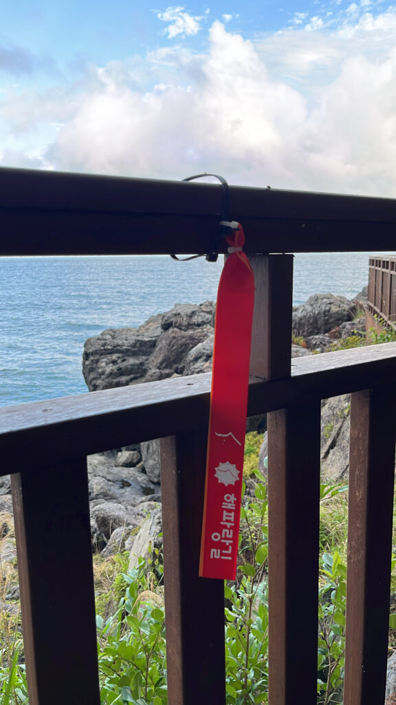 Haeparang-gil walking trail badge on Dongbaekseom wooden deck
