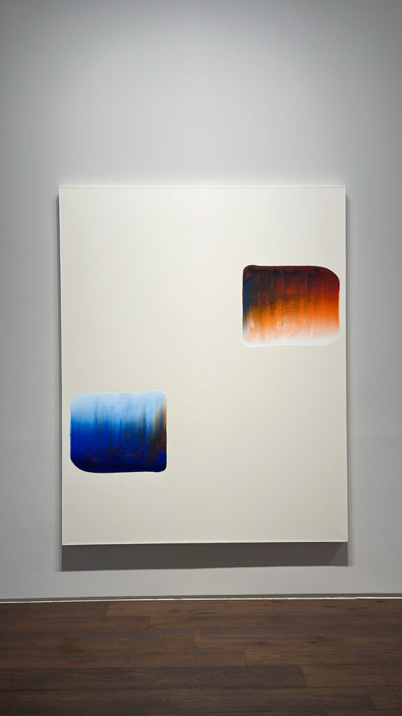 Lee Ufan minimalist abstract painting with red and blue brushstrokes at Johyun Gallery Busan