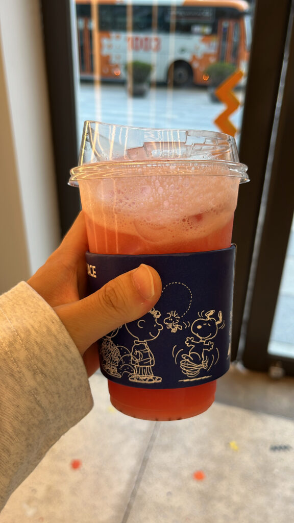 Refreshing watermelon juice drink in a Snoopy cup from Snoopy Place Busan