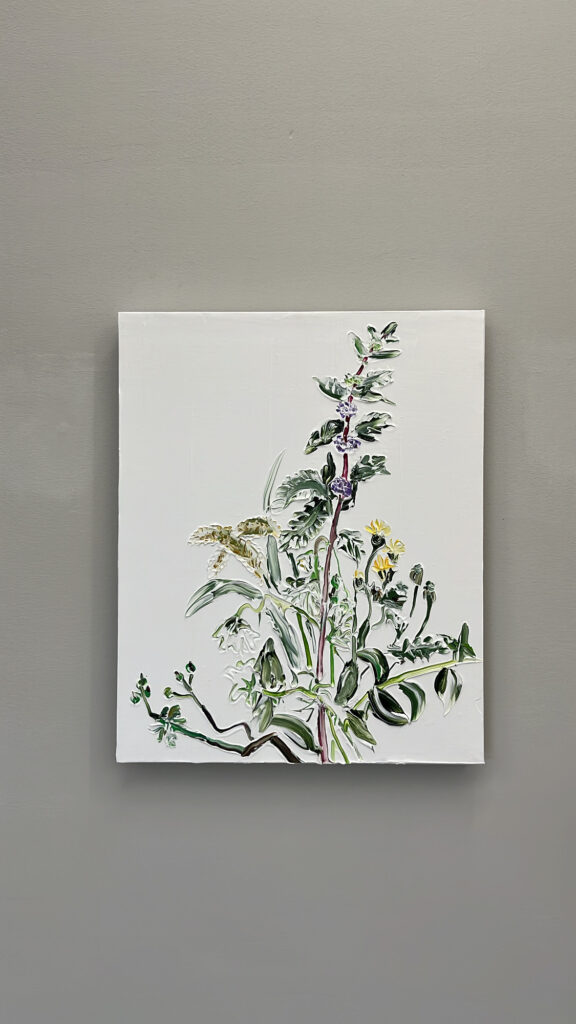 Textured floral painting with 3D effect on display at Johyun Gallery Busan