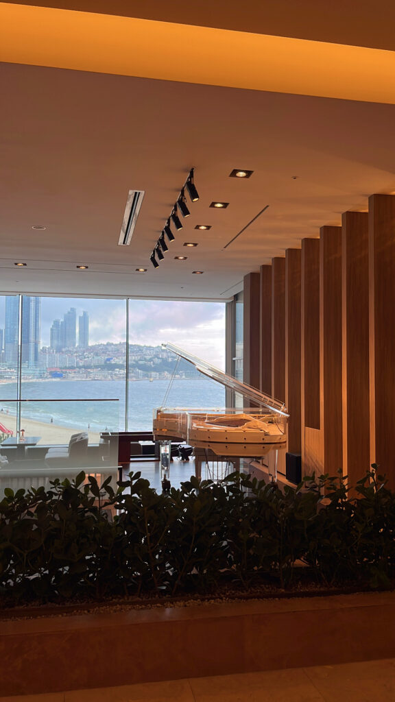 Ocean view lounge seating inside The Westin Josun Busan