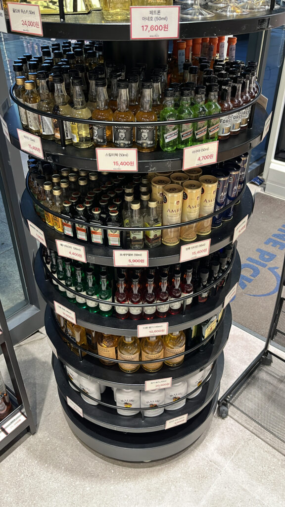 Cute miniature whisky and liquor bottles displayed on a round shelf
