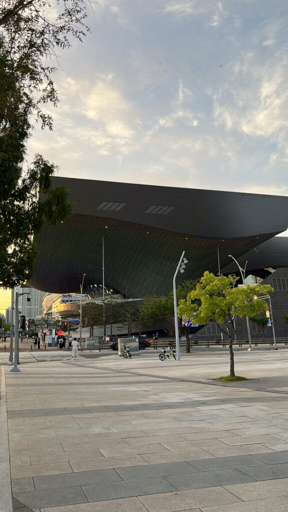 Broad exterior view of Busan Cinema Center building from the outdoor plaza
