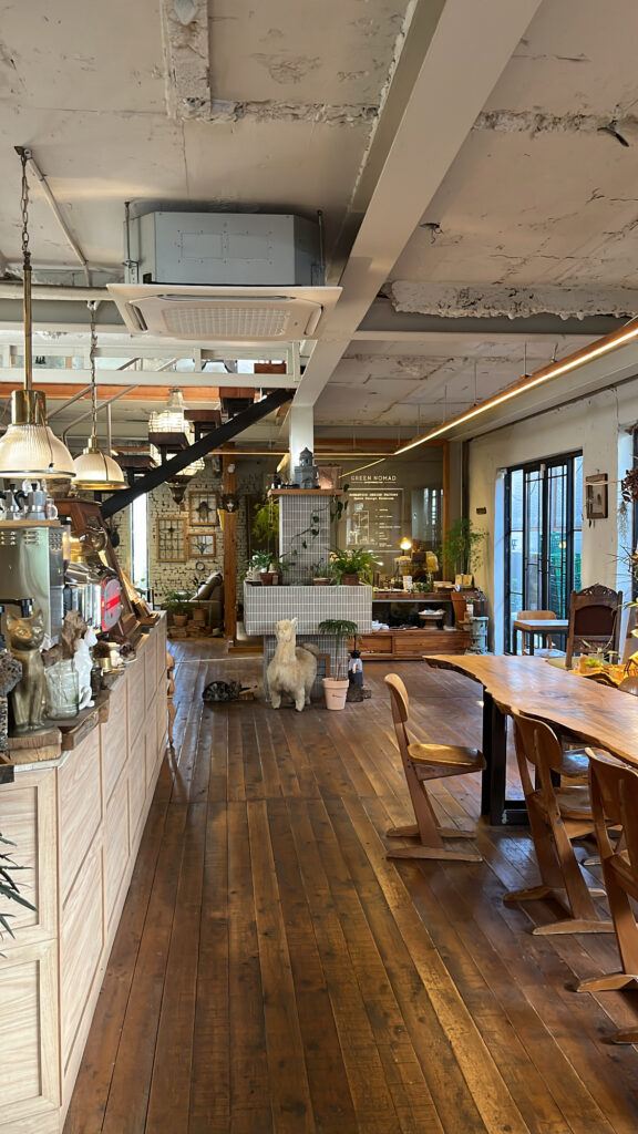 Spacious first-floor interior filled with antique wooden furniture and plants at Green Nomad Busan