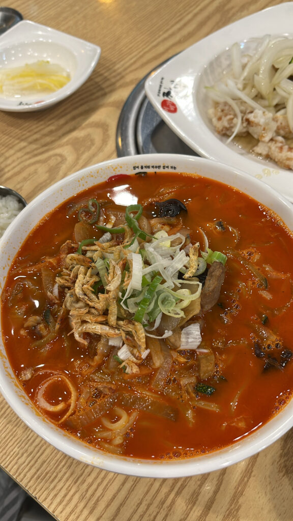 Rich and spicy red seafood jjamppong with chewy alkaline noodles at Ebiga Jjamppong Centum