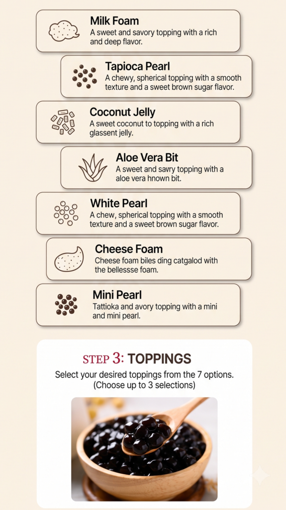 English menu guide for Gong Cha Centum City bubble tea toppings and ordering options