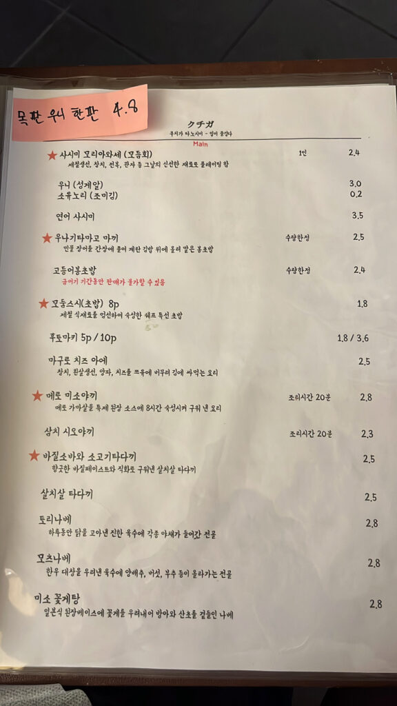 Food and appetizer section of Kuchiga menu