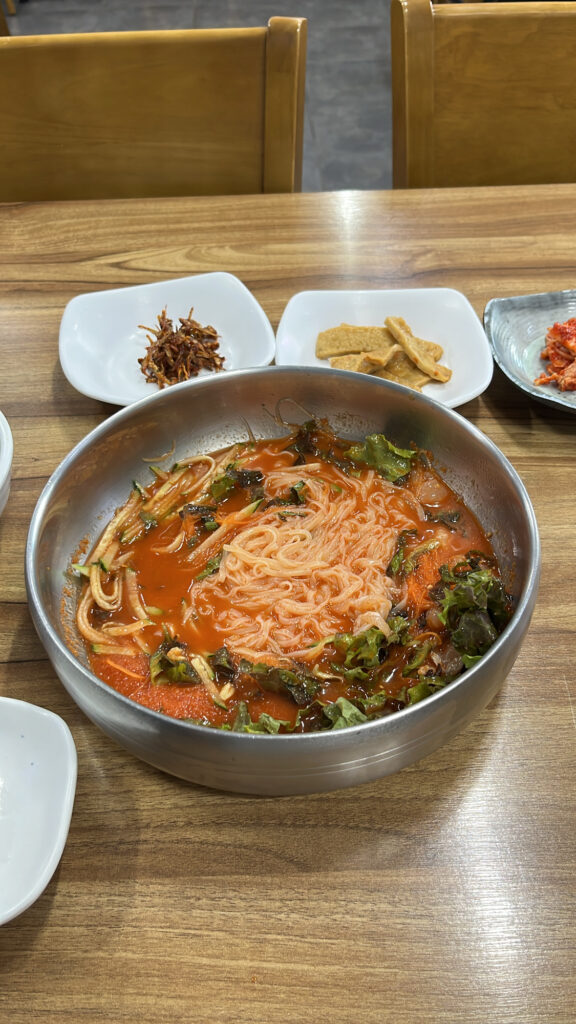 Refreshing icy texture of spicy cold raw fish soup at Dongchon Mulhoe Busan