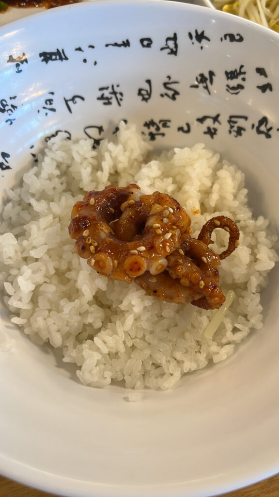 Plump stir-fried octopus topped on white rice for Busan octopus rice bowl