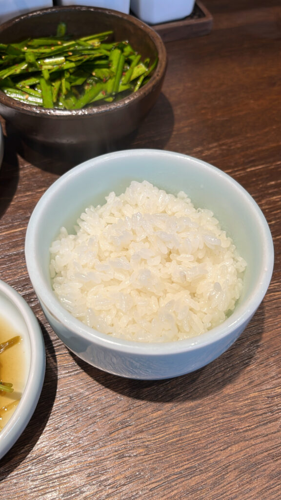 Freshly cooked bowl of white rice served with pork soup