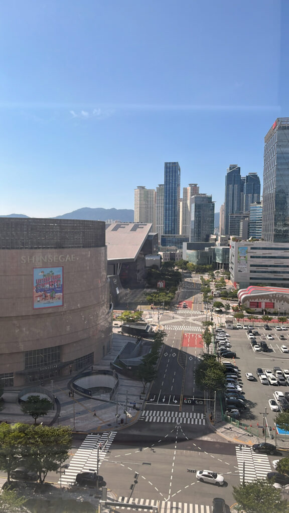 Scenic city view of Centum City from the window seating area