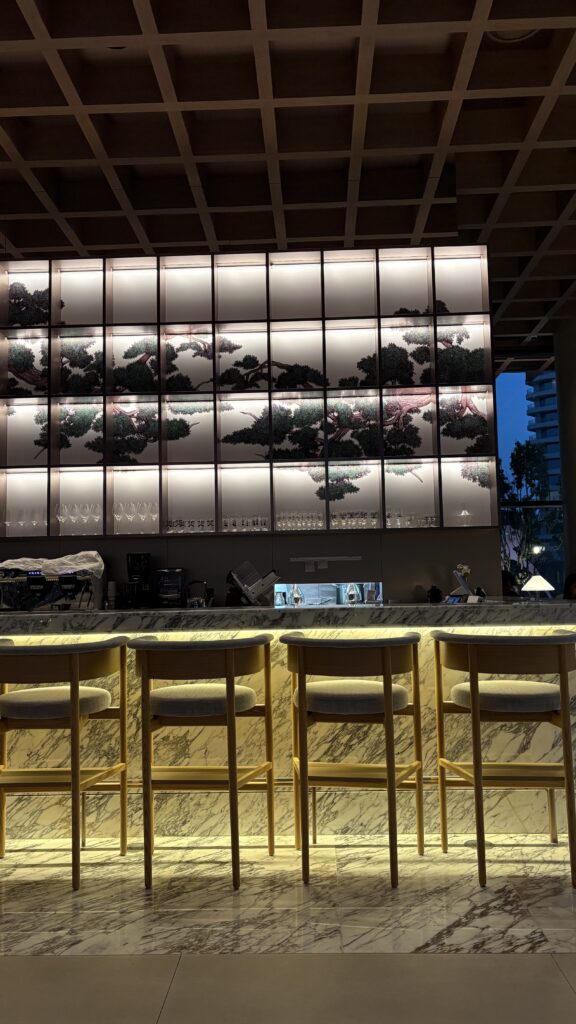 Modern bar counter back wall decorated with traditional Korean Hanji paper lighting at Sobae Busan