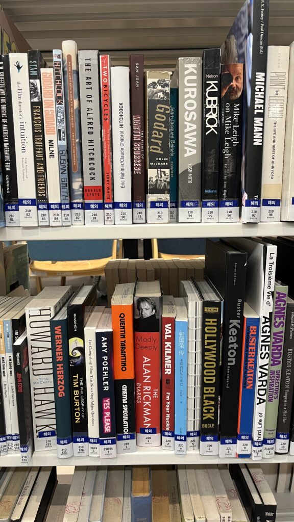 Bookshelves stocked with international English cinema literature and film studies books