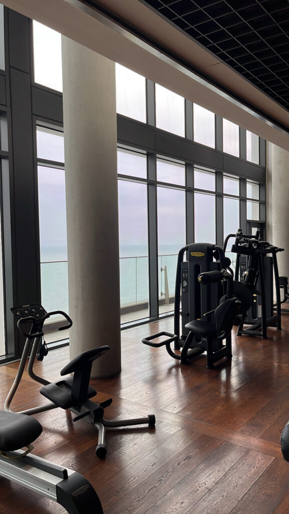 Wide oceanfront view from the gym workout and training area at Ananti Cove