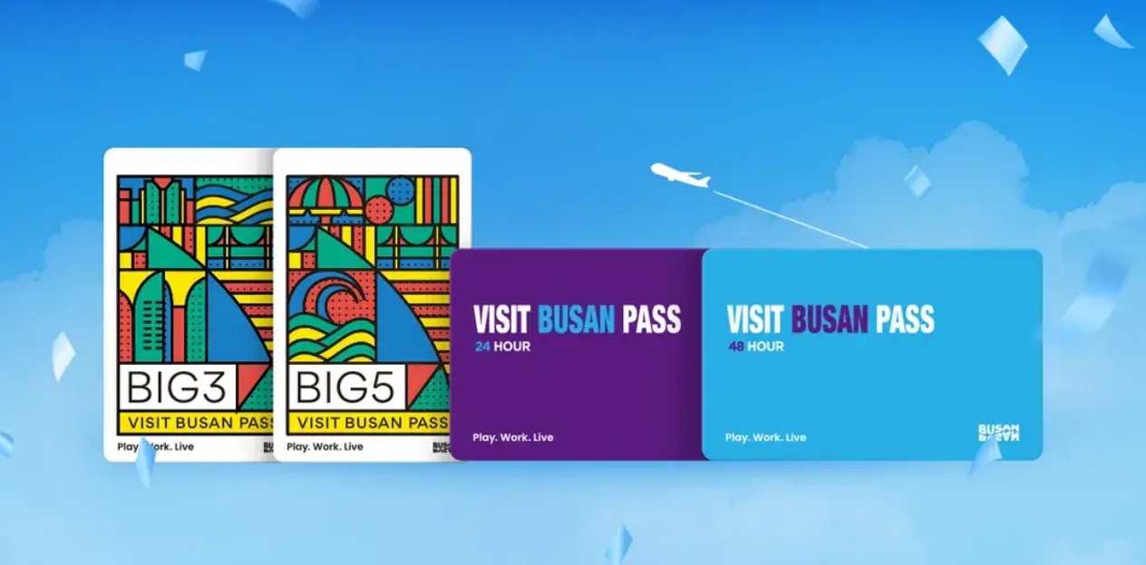 Visit Busan Pass cards with airplane background for tourist attraction discounts