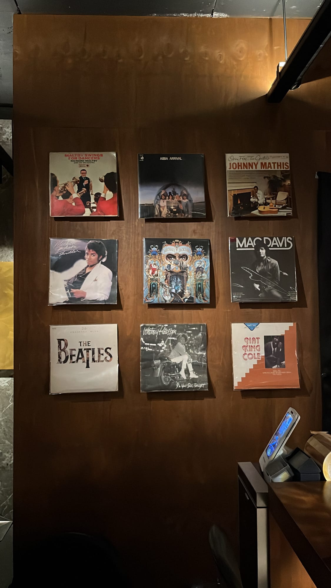 Classic vinyl LP record wall display inside Bar Railside