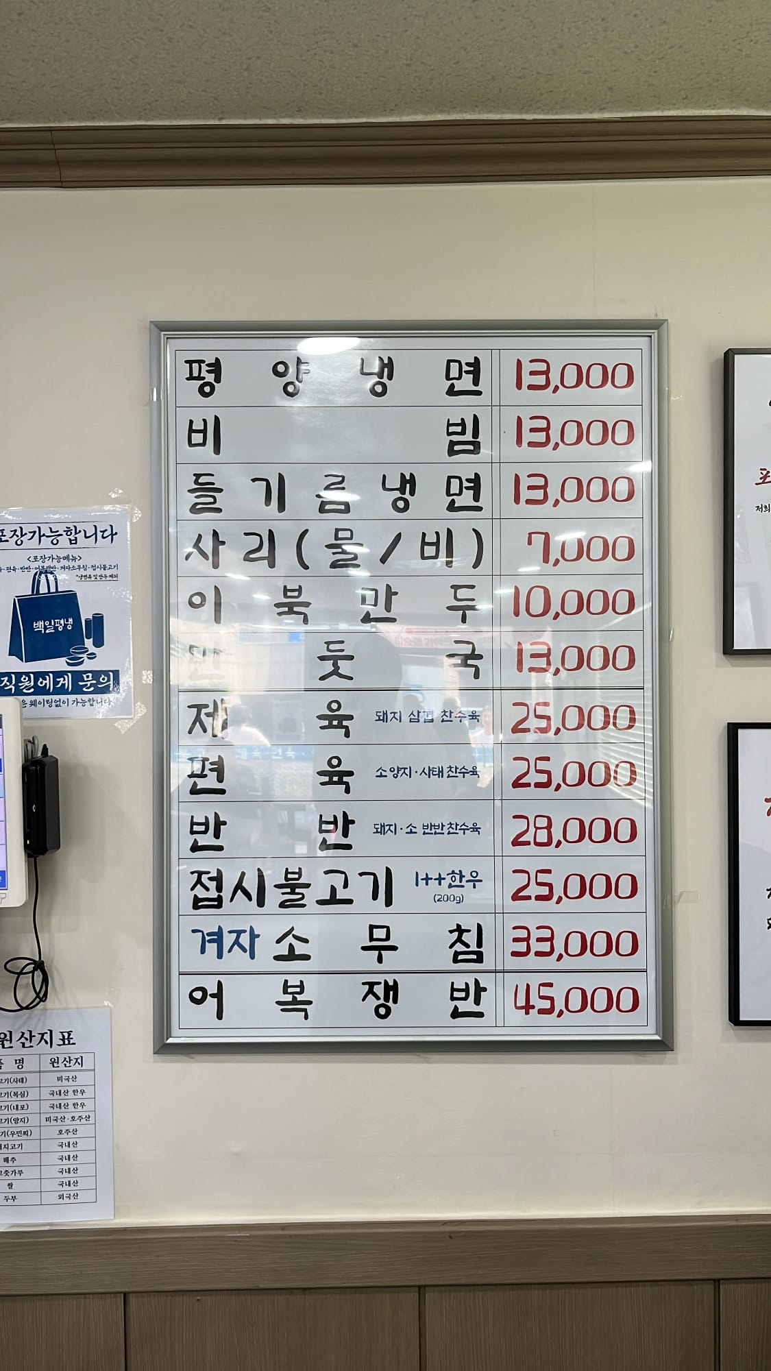 釜山・ピョンネンにある、麺料理の価格を表示した壁掛け式の韓国式価格掲示板(100.1)