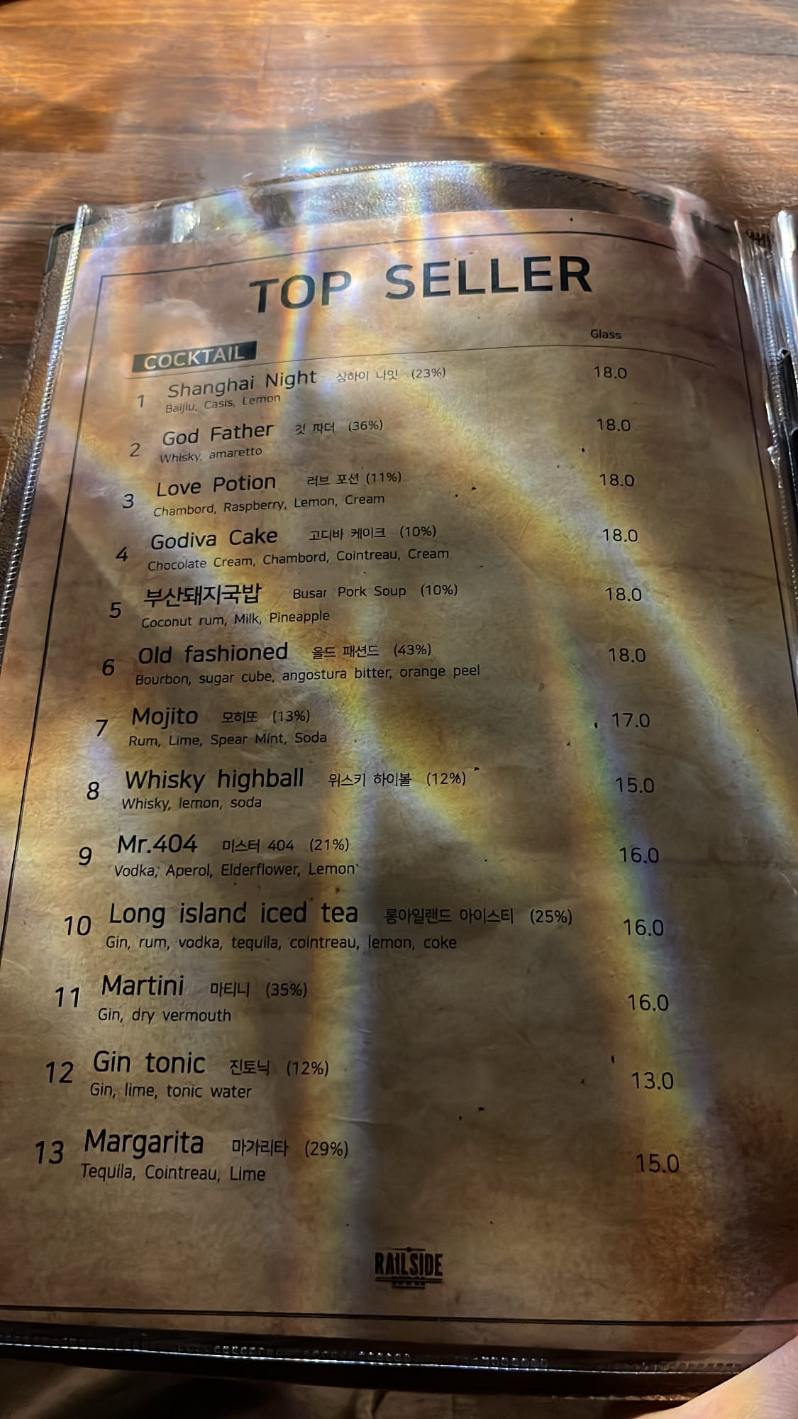 Top seller cocktail list on leather-bound menu at Bar Railside
