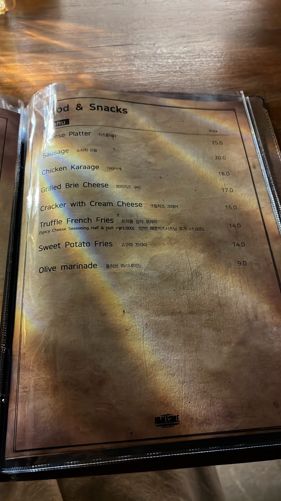 Food and late-night snacks menu options at Bar Railside
