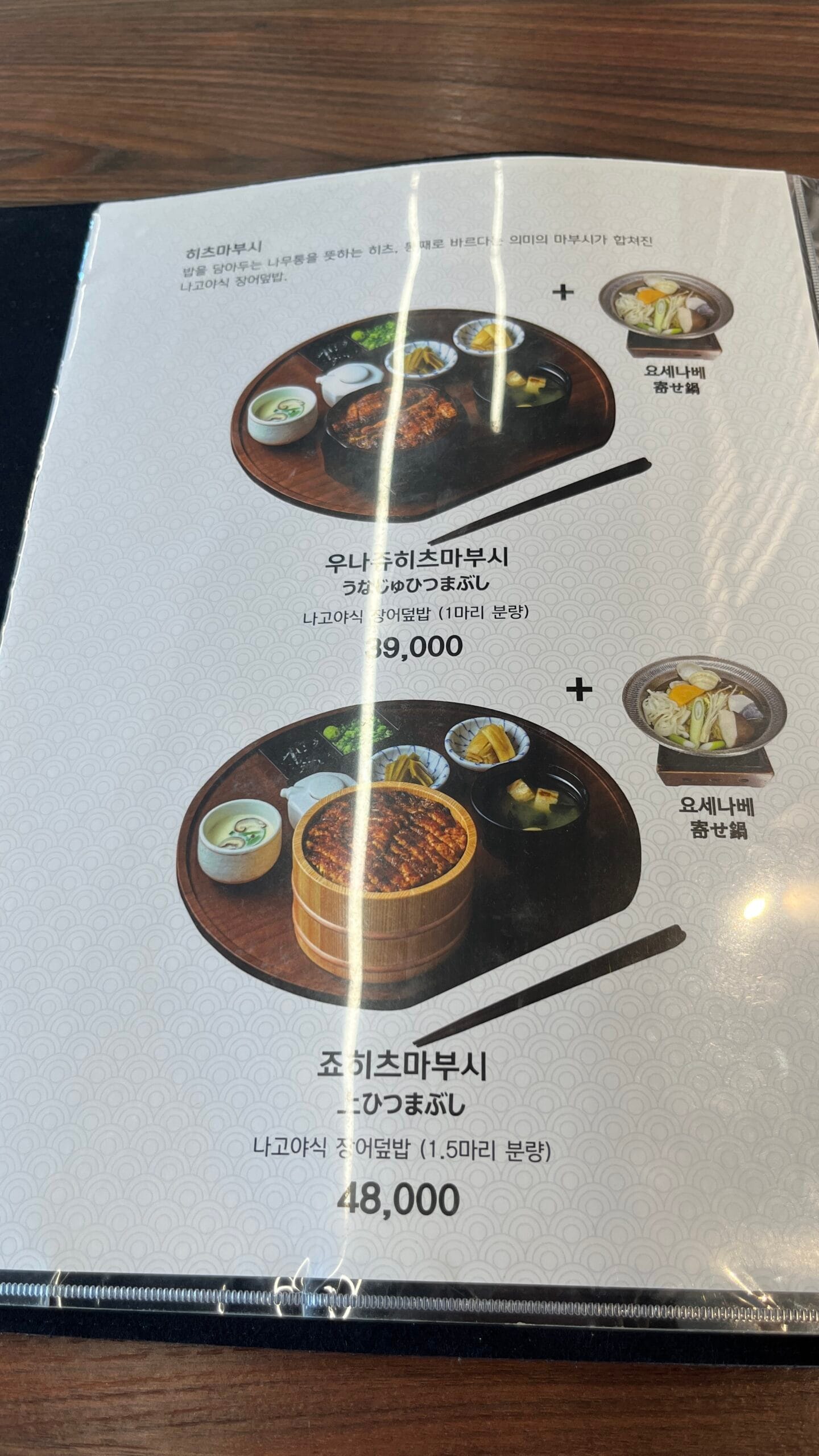 Menu showing standard and upper portions of Nagoya-style hitsumabushi at Unaju Busan