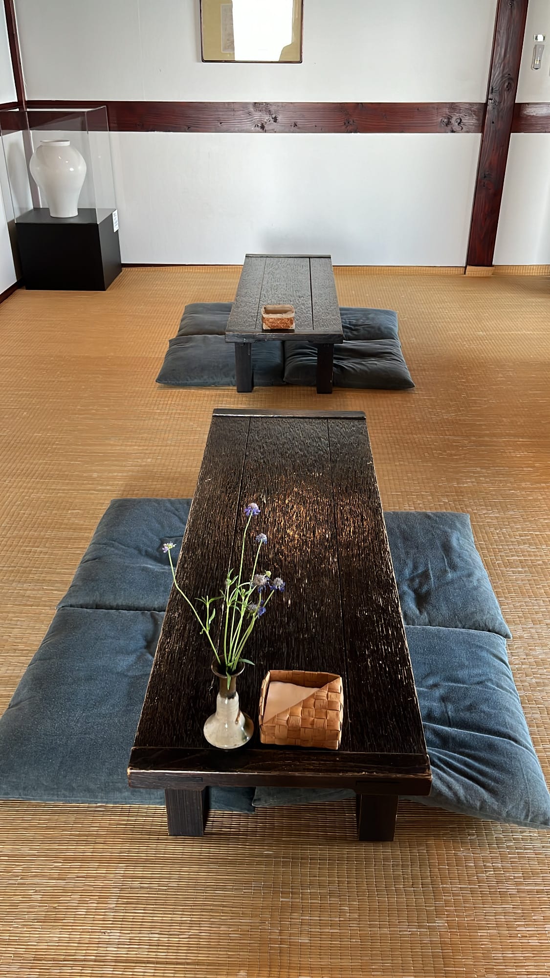 Low wooden tea tables and cushions arranged on straw mat flooring