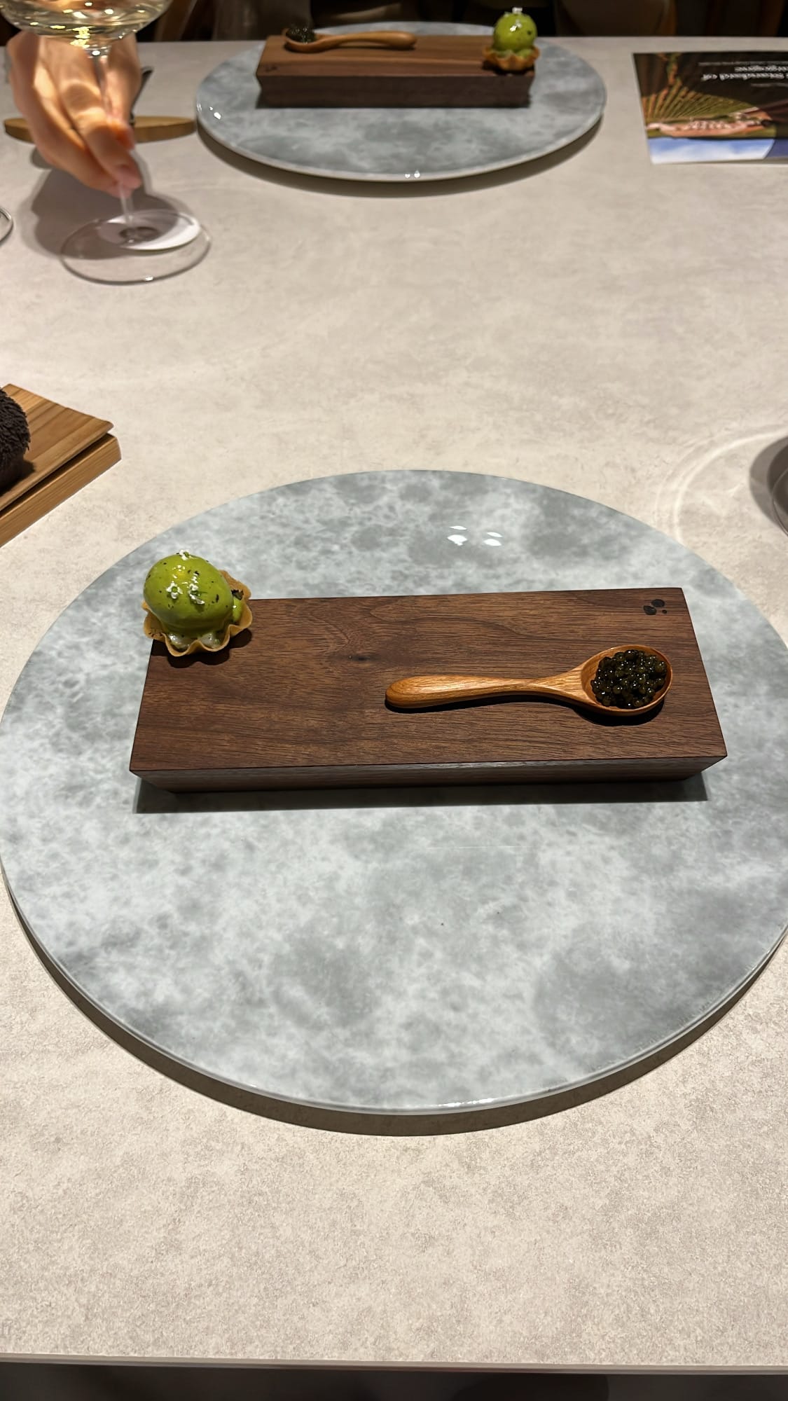 Caviar spoon and green tartlet amuse-bouche at Ramsey Busan