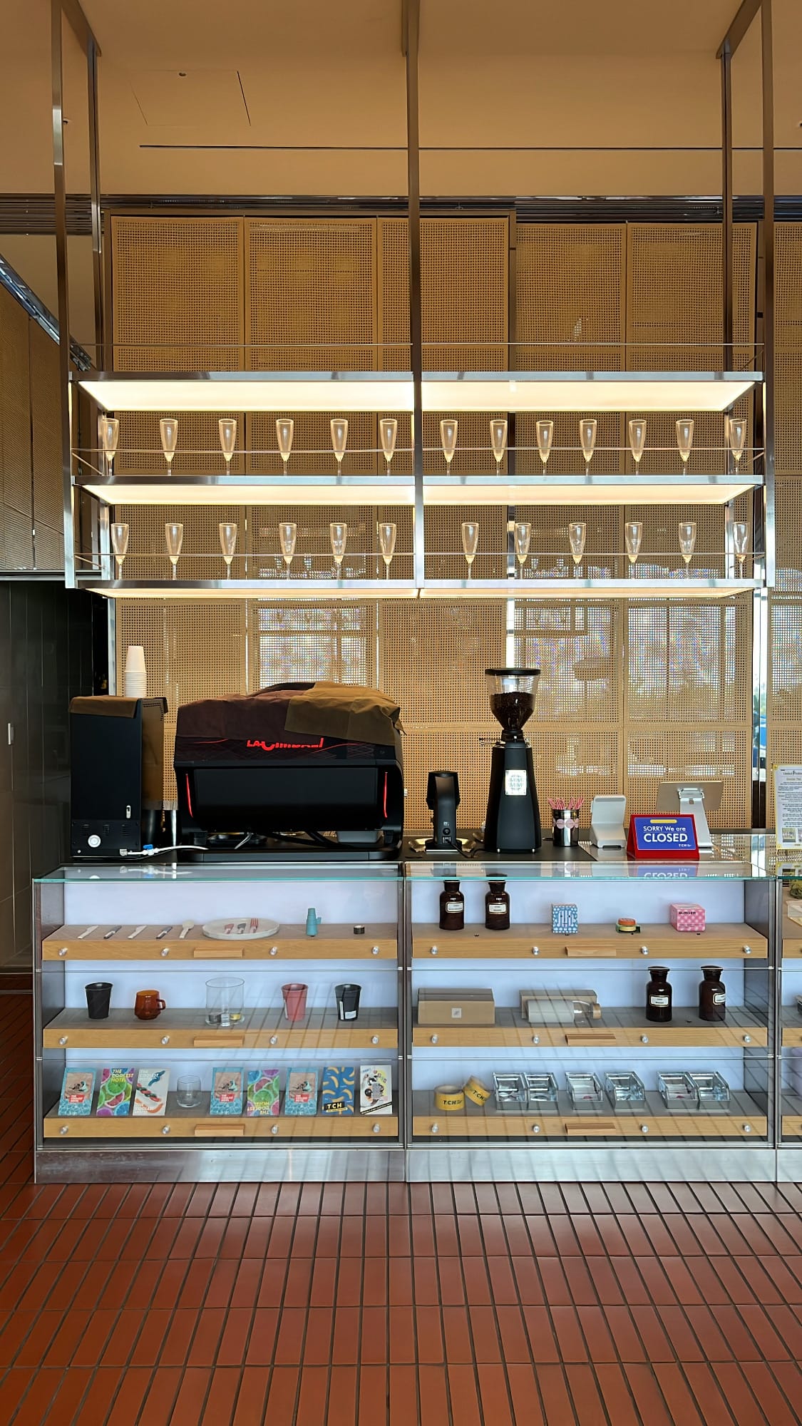 Espresso machine and glassware display counter at The Coolest Hotel
