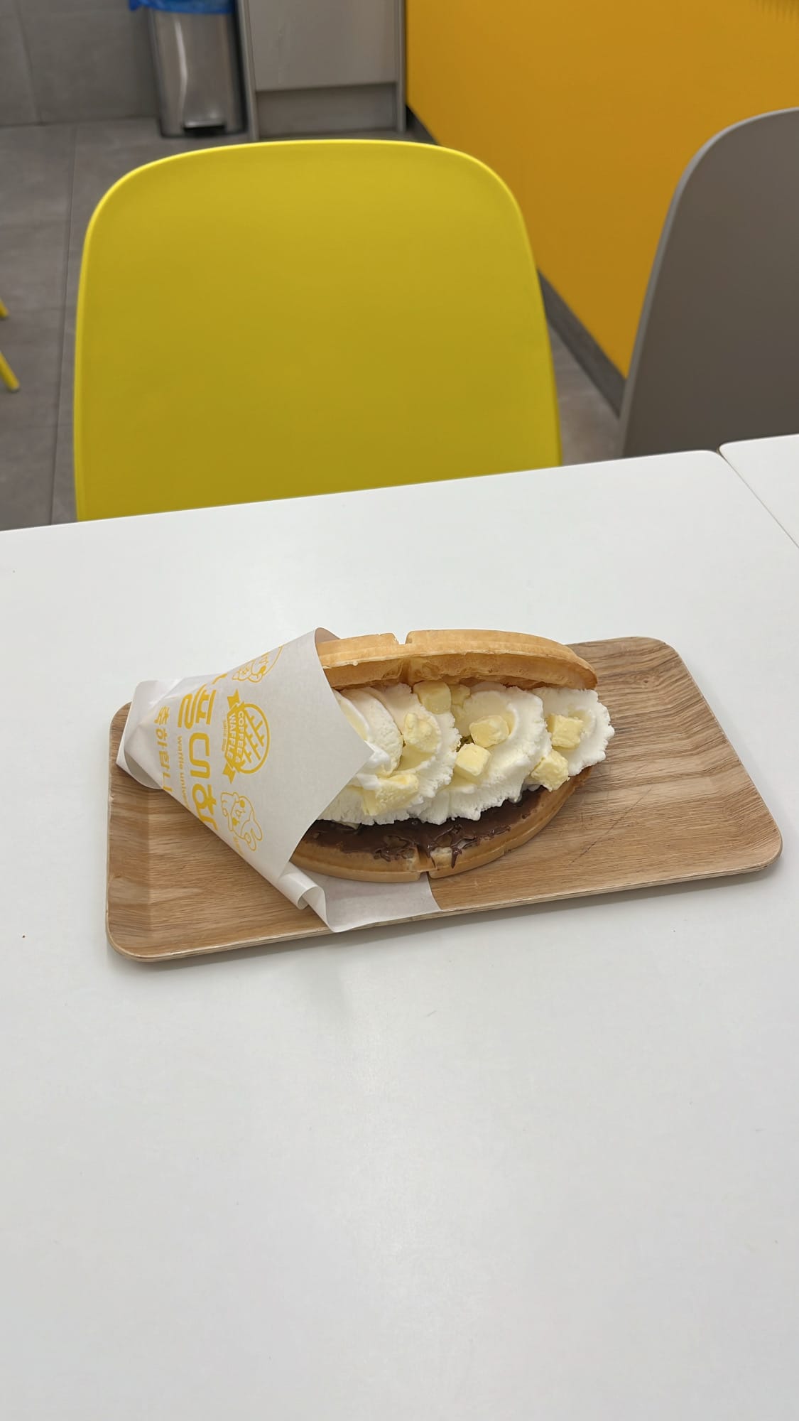 Waffle University Centum Busan served cheesecake nutella gelato waffle at dining table