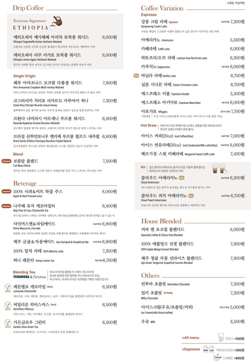 Printed menu board of Terarosa Coffee Suyeong with drip coffee prices