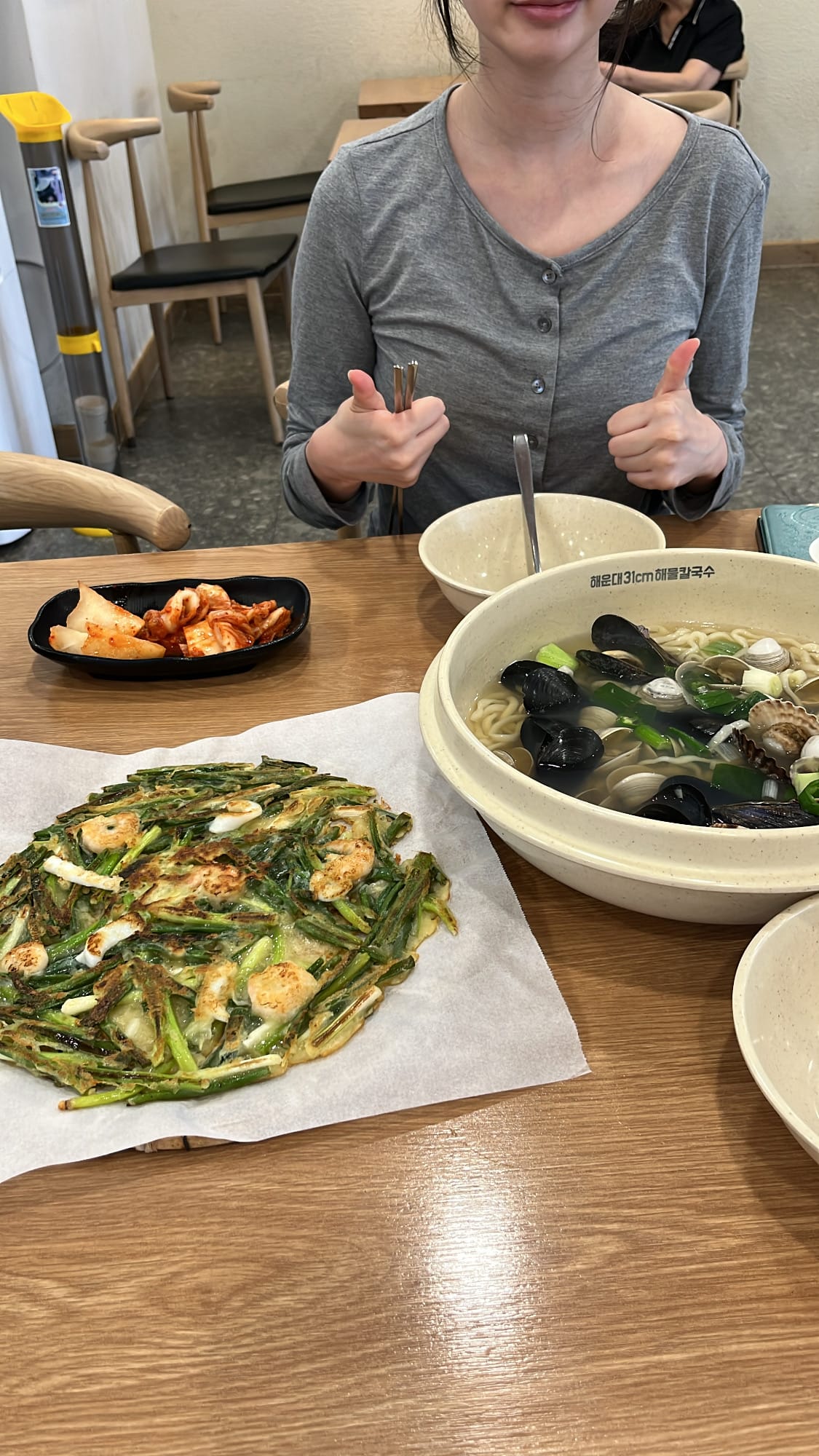 Massive bowl of seafood kalguksu and seafood pancake at Haeundae 31cm Seafood Kalguksu