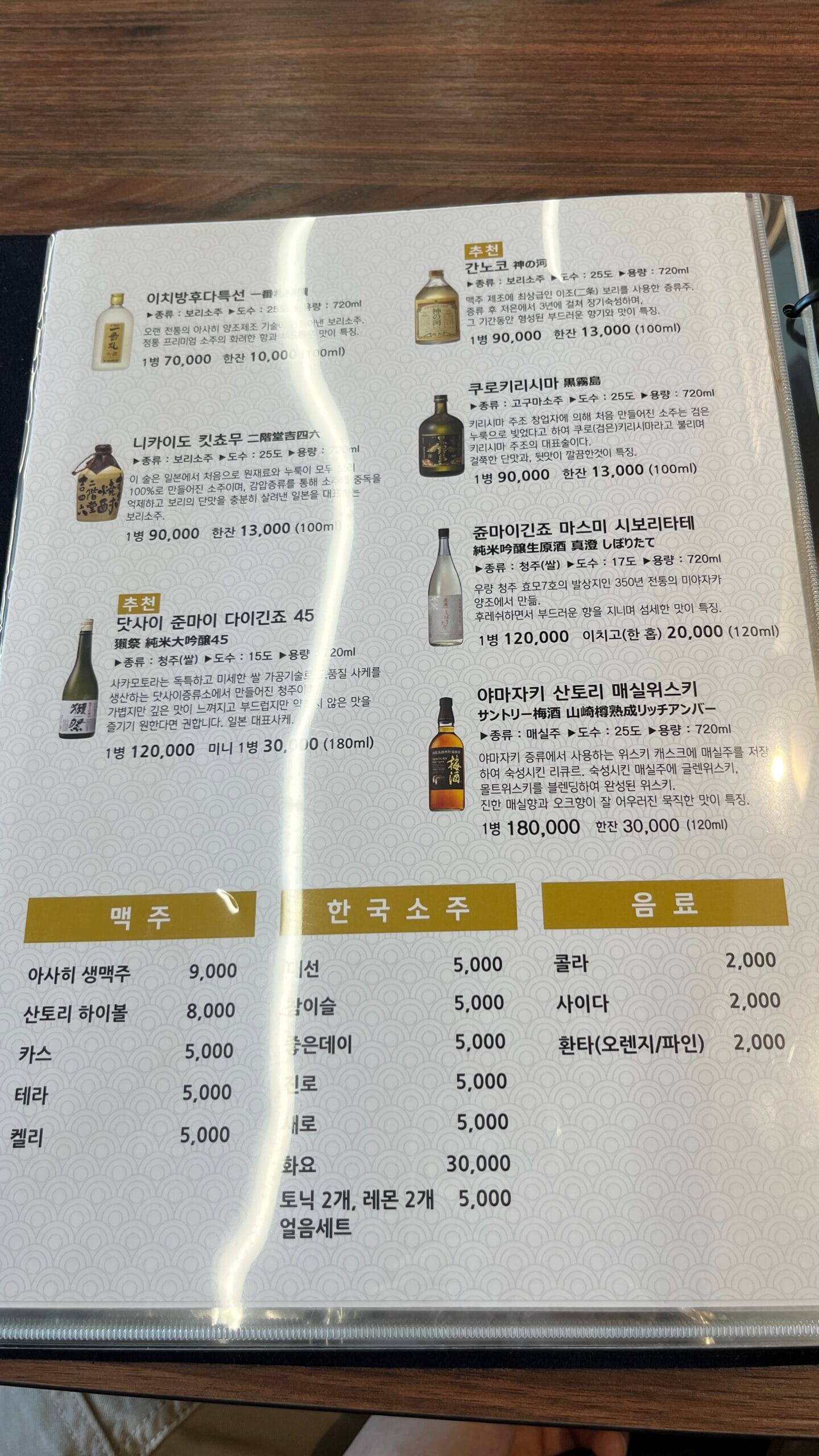 Drink menu detailing premium Japanese sake, shochu, and Korean spirits at Unaju Busan