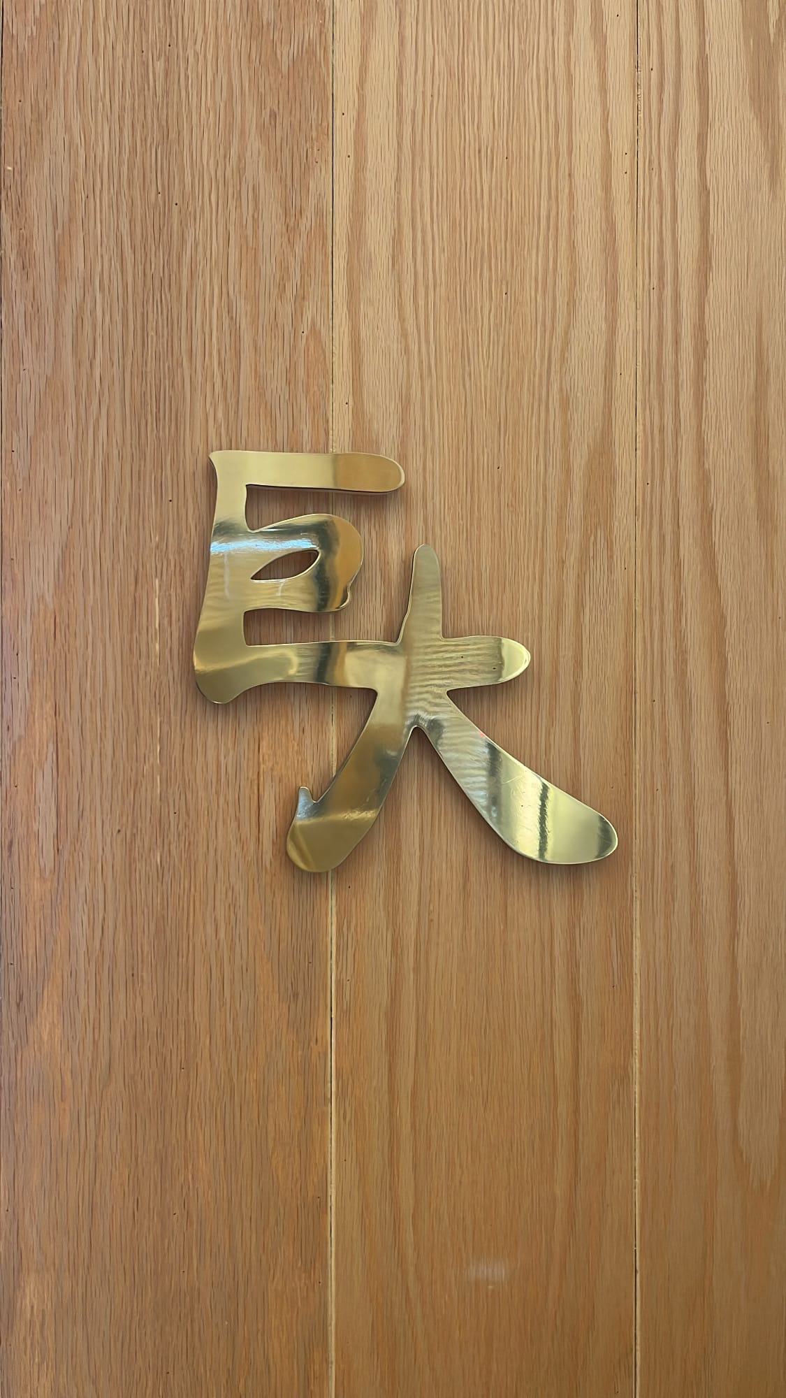 Polished brass Chinese character logo mounted on light wood paneling at Geodae Dwaeji Gukbap Busan