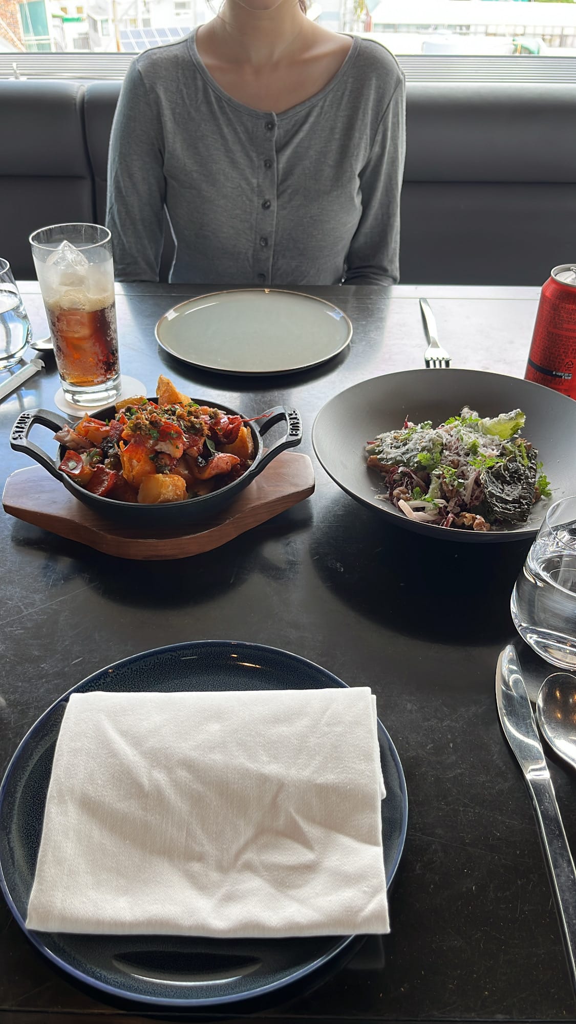 Fresh salad and octopus potato starter served promptly on table