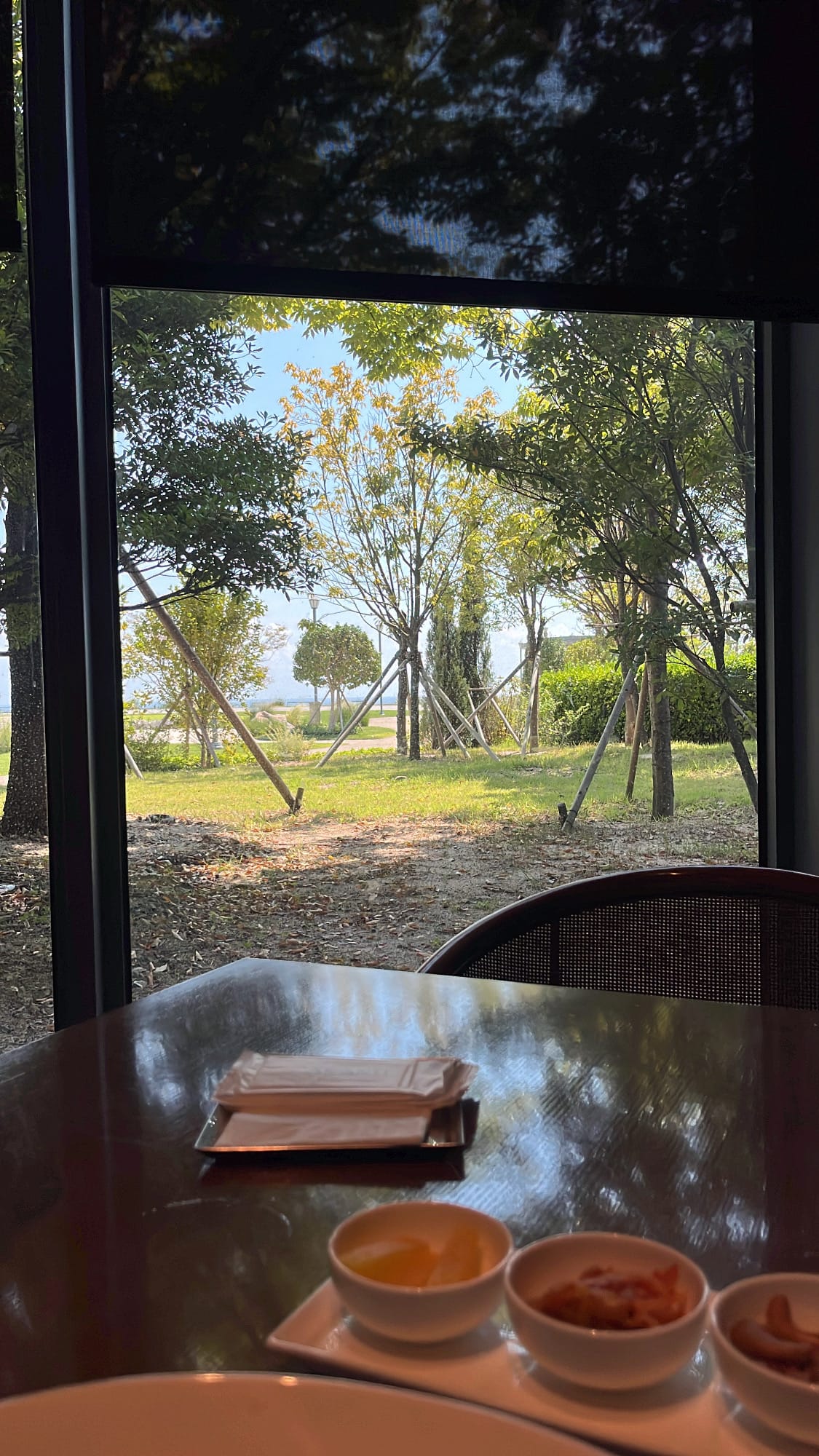 Peaceful outdoor lawn and tree view visible through the floor window from a table at Village de Ananti Lou Busan
