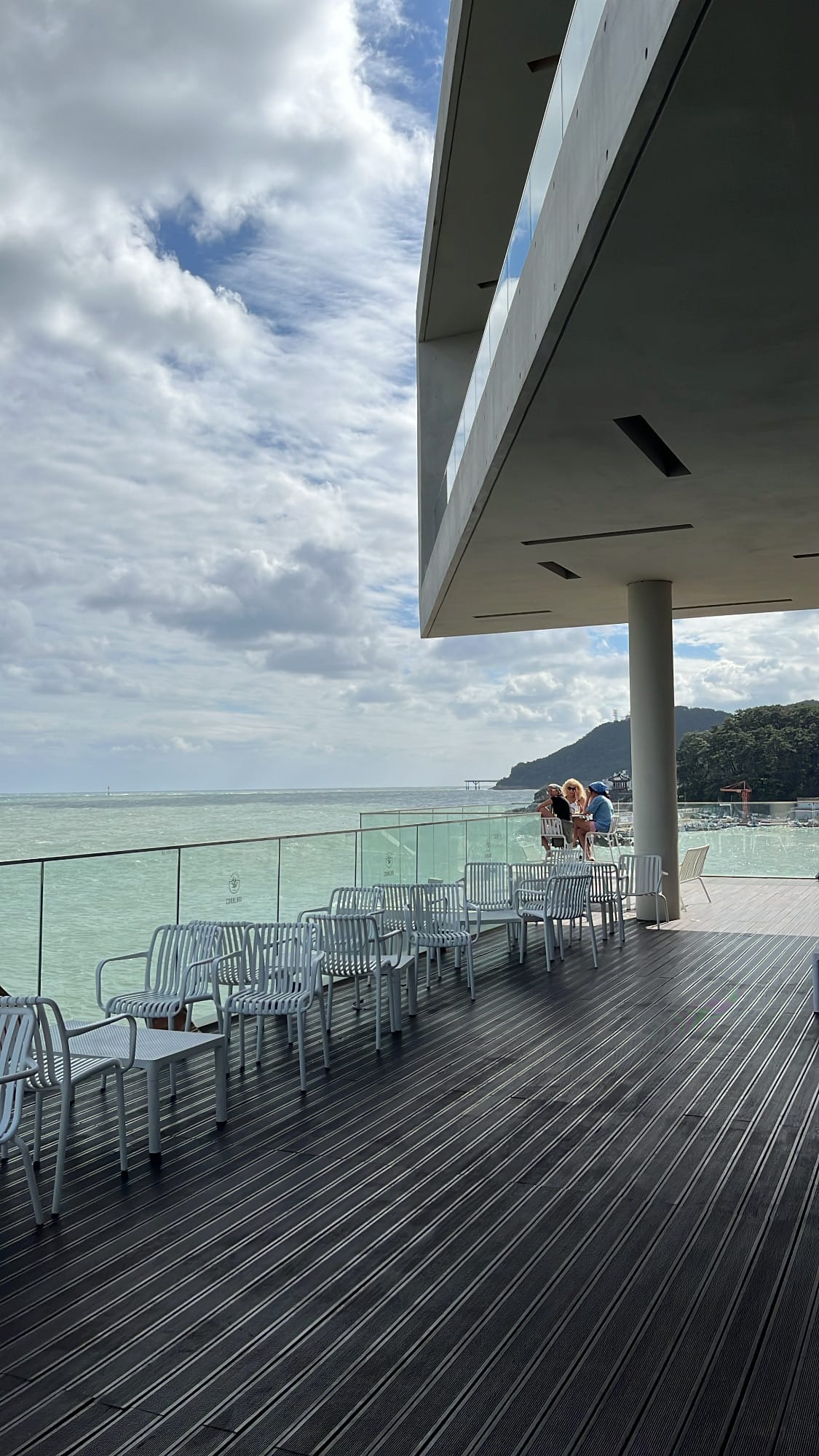 Wide dark timber decking with open ocean railing seats at Coralani Busan