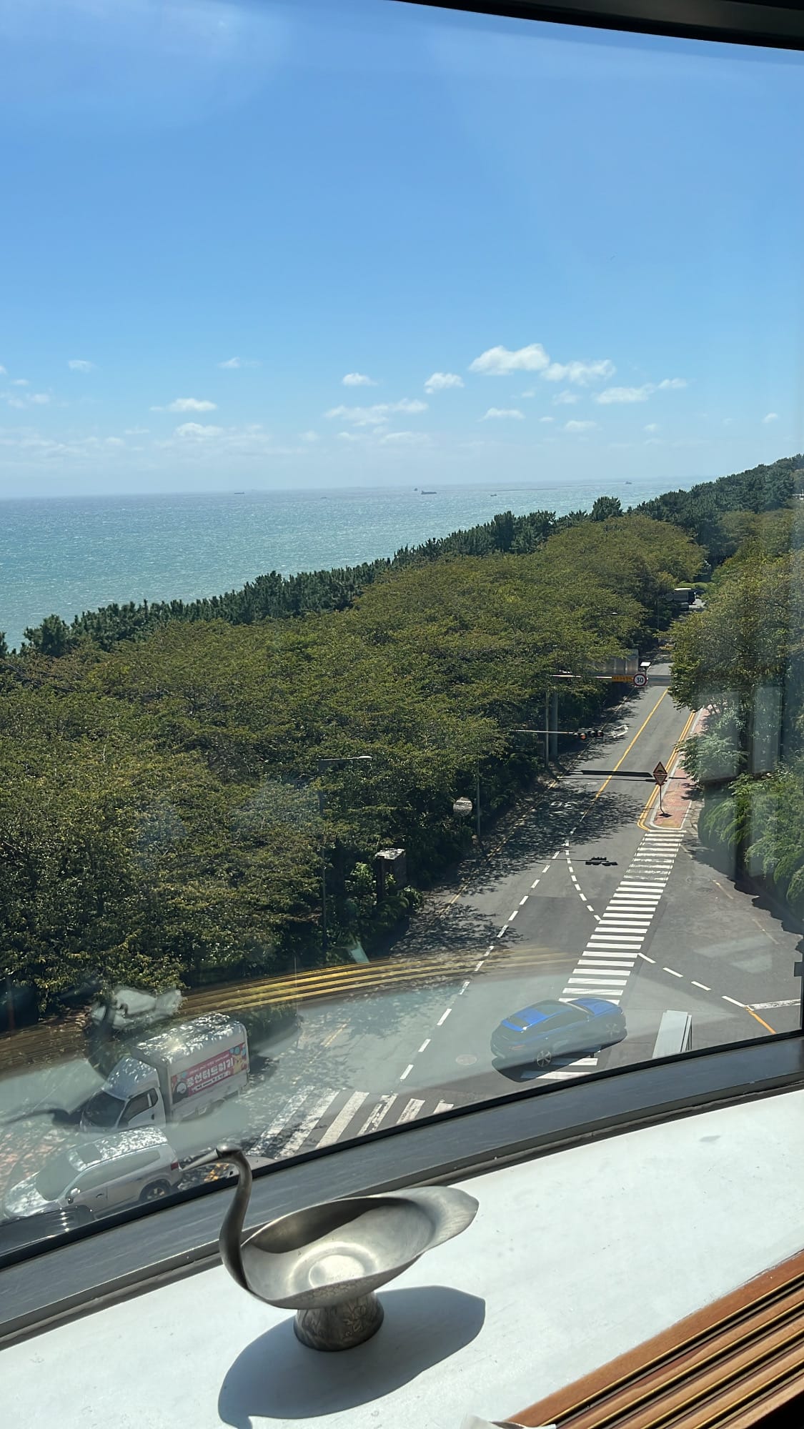 Scenic view of Dalmaji-gil road and green trees viewed through the cafe window